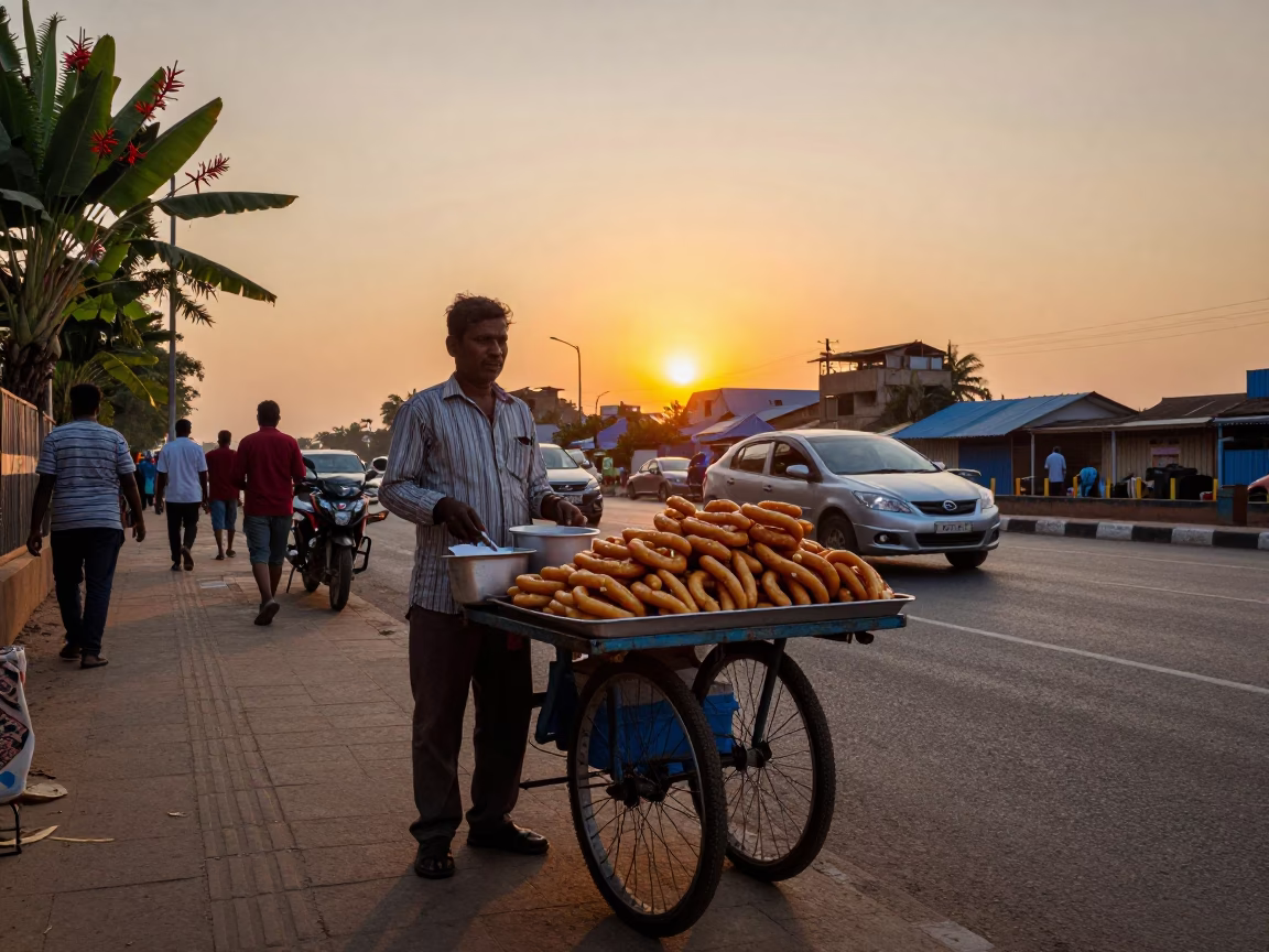 Chennai Street Vendor Selling Mandazi at Sunset with Heliconia Blooms in in Chennai, India