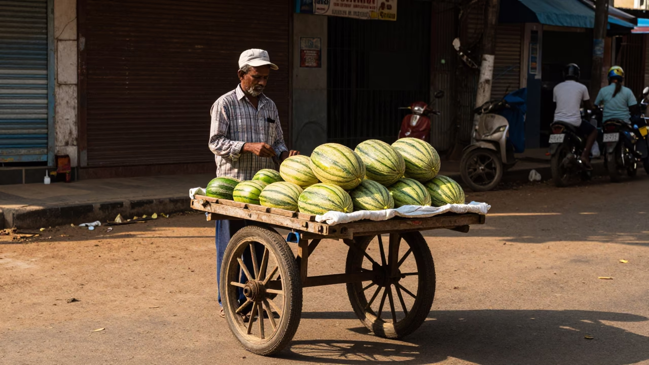 Chennai Street Vendor Selling Melons Under Late Afternoon Sun in India in in Chennai, India