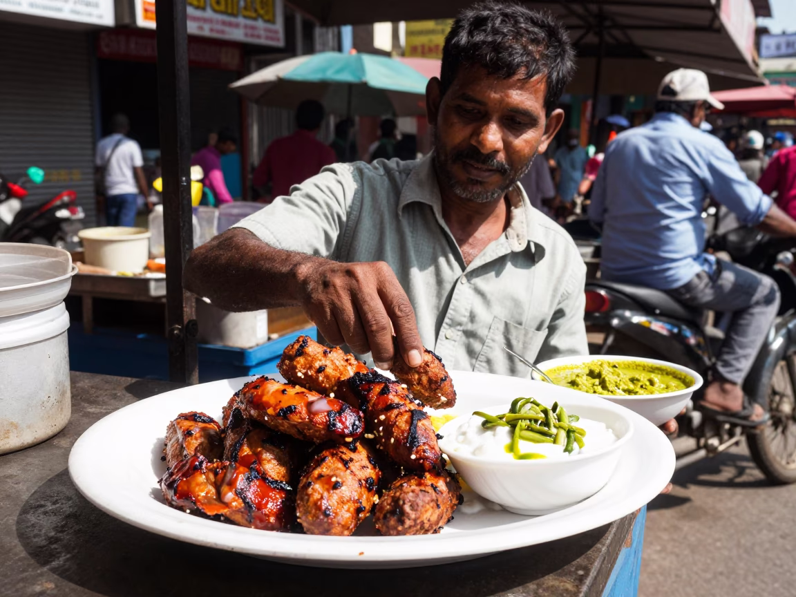 Chennai Street Vendor Selling Pljeskavica and Green Curry in Bright Midmorning Light in in Chennai, India