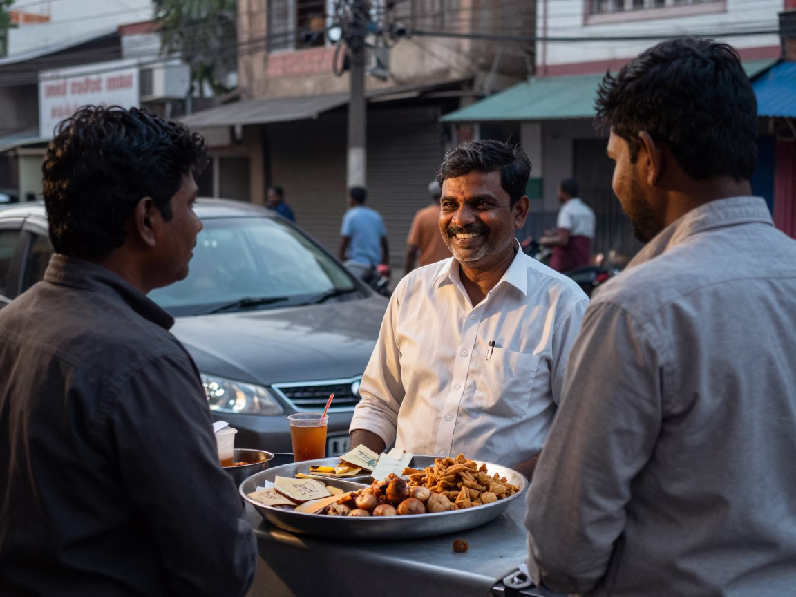Chennai street vendor selling tea and snacks in early morning light in in Chennai, India