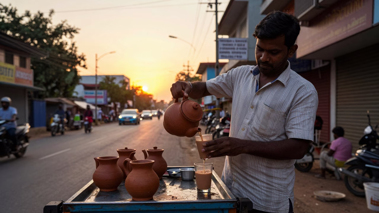 Chennai street vendor serving clay teapot chai at sunset in India in in Chennai, India