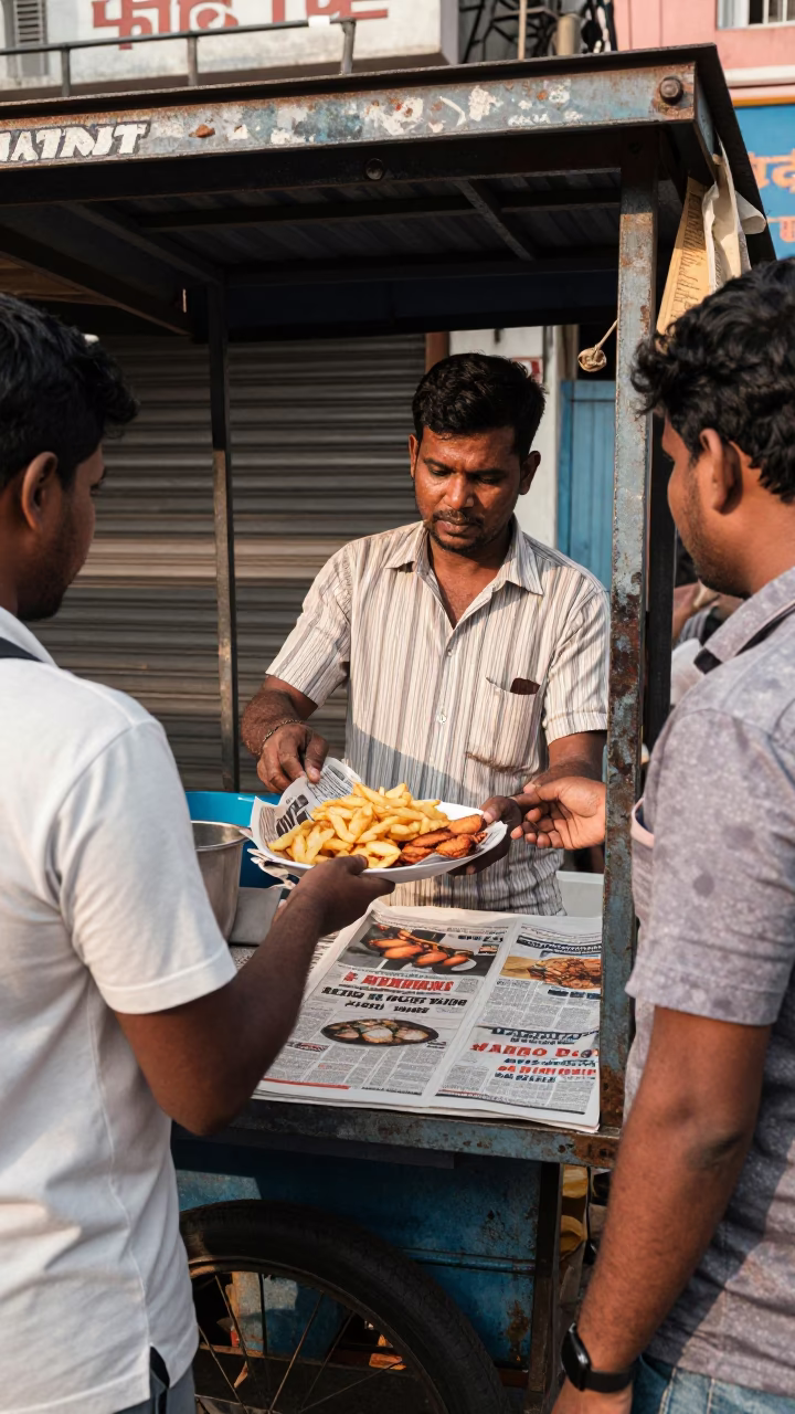 Chennai Street Vendor Serving Fish and Chips in Newspaper During Early Afternoon in in Chennai, India