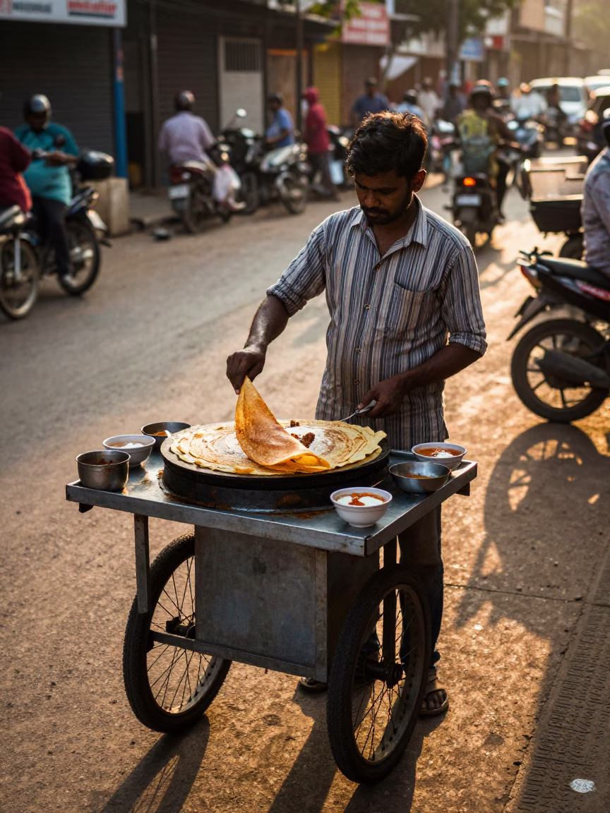 Chennai street vendor serving hot dosas and chutney at sunset in India in in Chennai, India