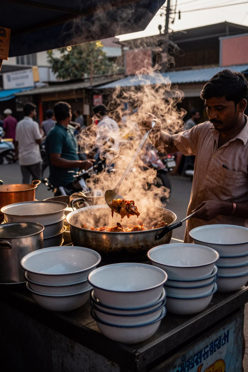Chennai street vendor serving hot food in enamel bowls under evening light in in Chennai, India