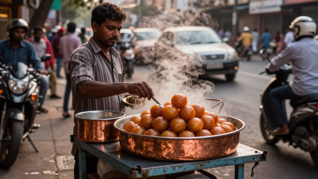 Chennai street vendor serving hot gulab jamun in copper-toned dusk light in in Chennai, India