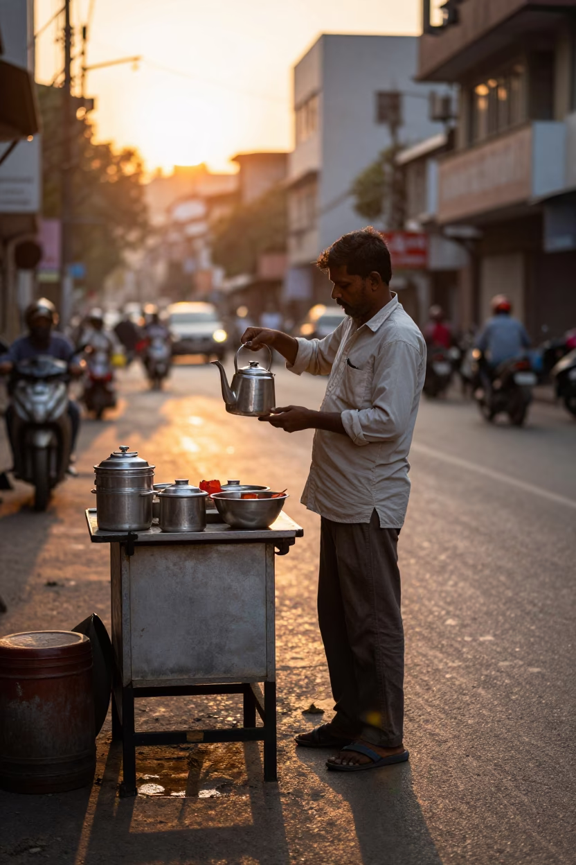 Chennai Street Vendor Serving Hot Tea at Sunset with Watering Jug in in Chennai, India