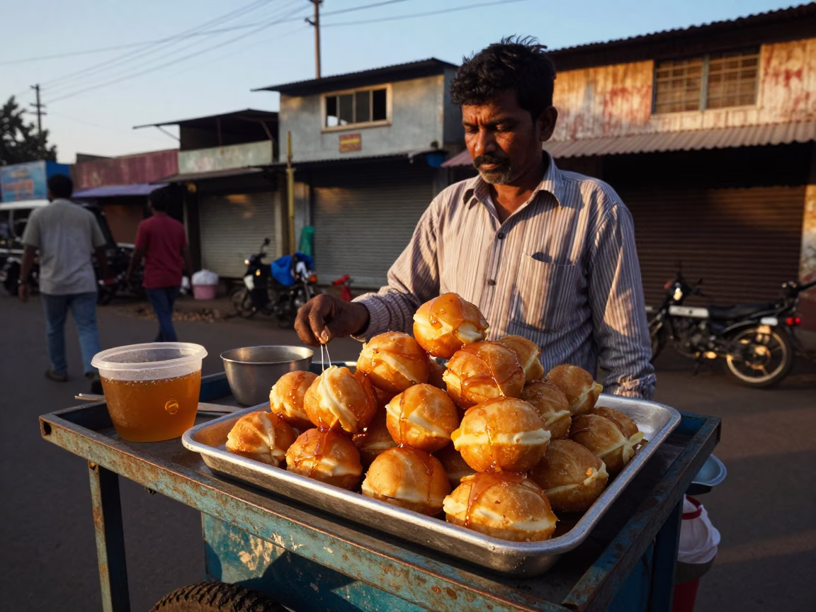 Chennai street vendor serving loukoumades with honey in early evening light in in Chennai, India