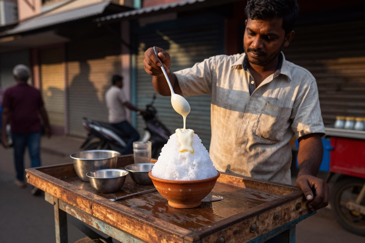 Chennai street vendor serving shaved ice with condensed milk in honeyed evening light in in Chennai, India