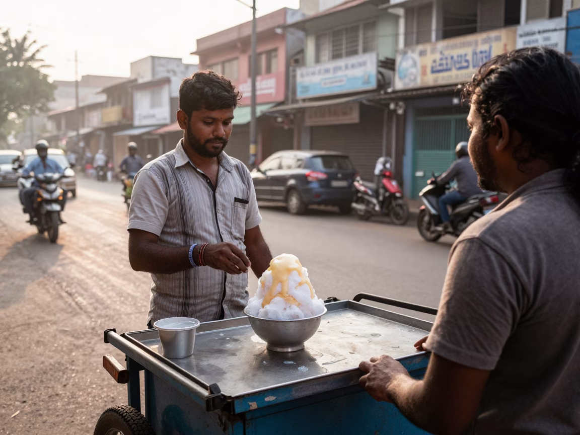 Chennai street vendor serving shaved ice with condensed milk just after sunrise in in Chennai, India