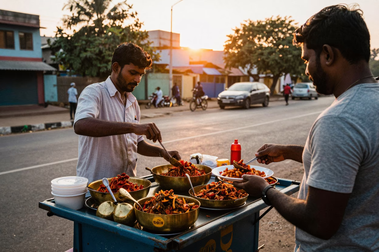 Chennai street vendor serving spicy food at sunset with brass utensils and colorful bottles in in Chennai, India