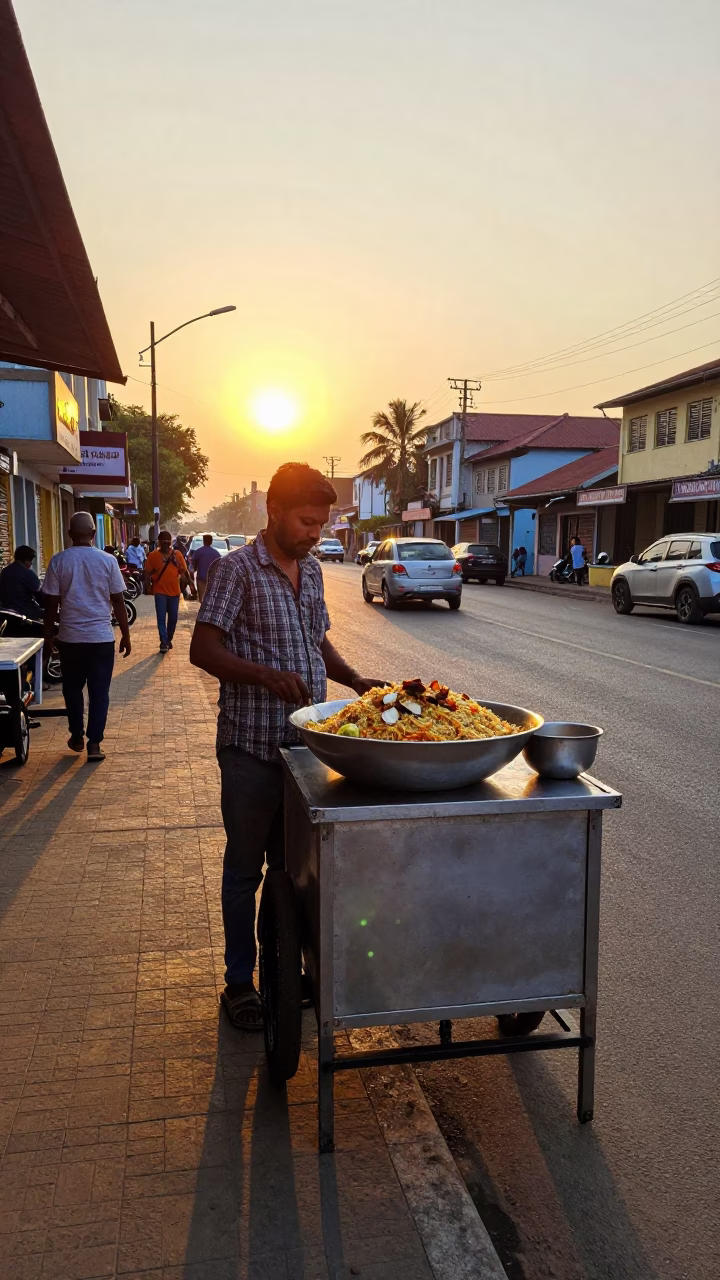 Chennai Street Vendor Serving Thieboudienne at Sunset with Local Diners in in Chennai, India