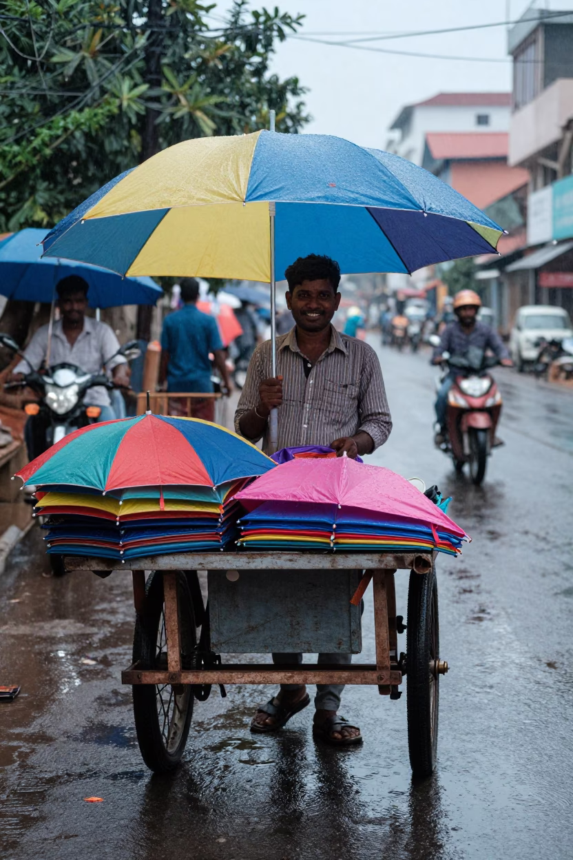 Chennai street vendor smiles with umbrellas in first light after rain in in Chennai, India
