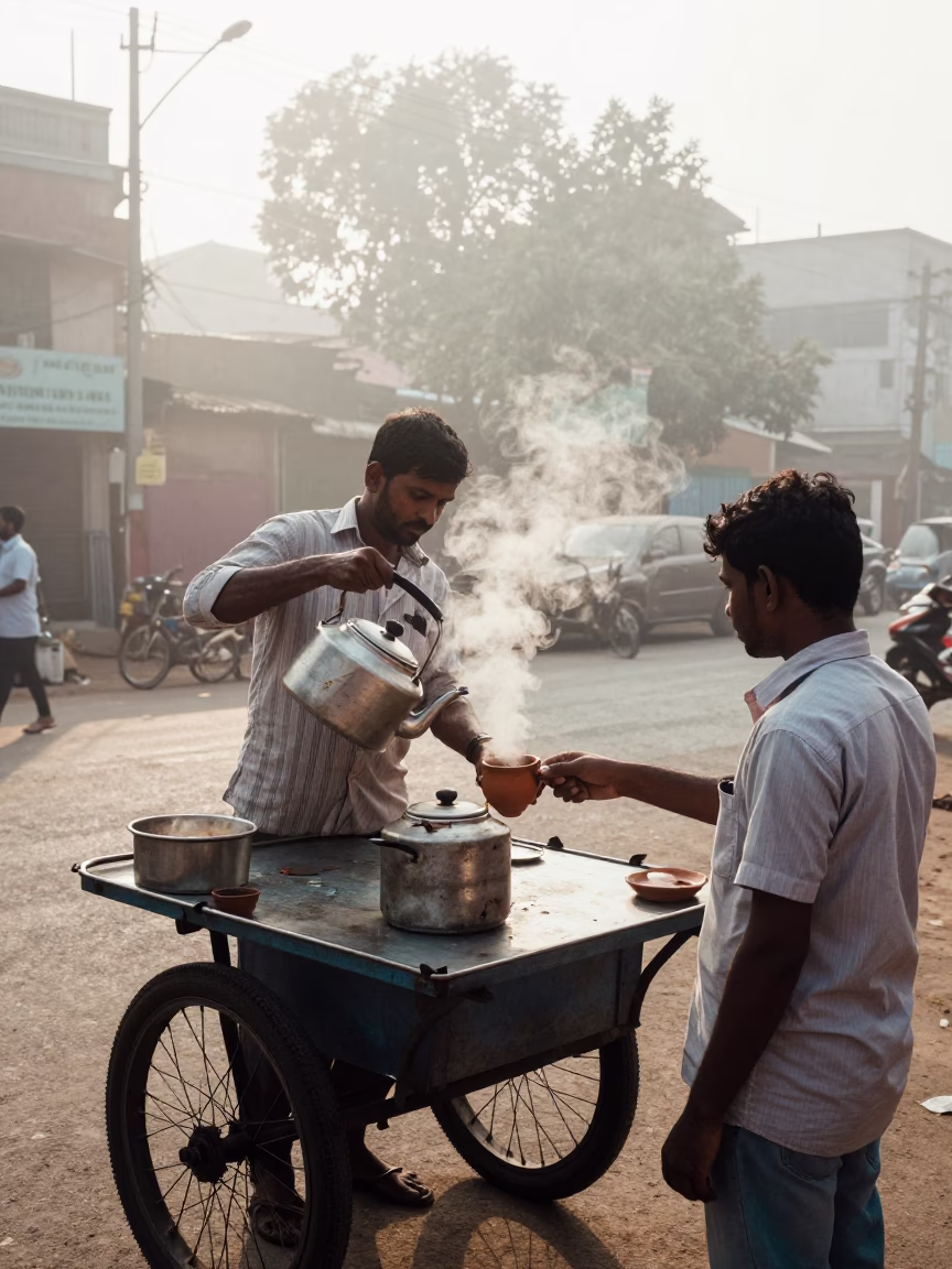 Chennai street vendor steaming tea kettle on cart at misty dawn in in Chennai, India