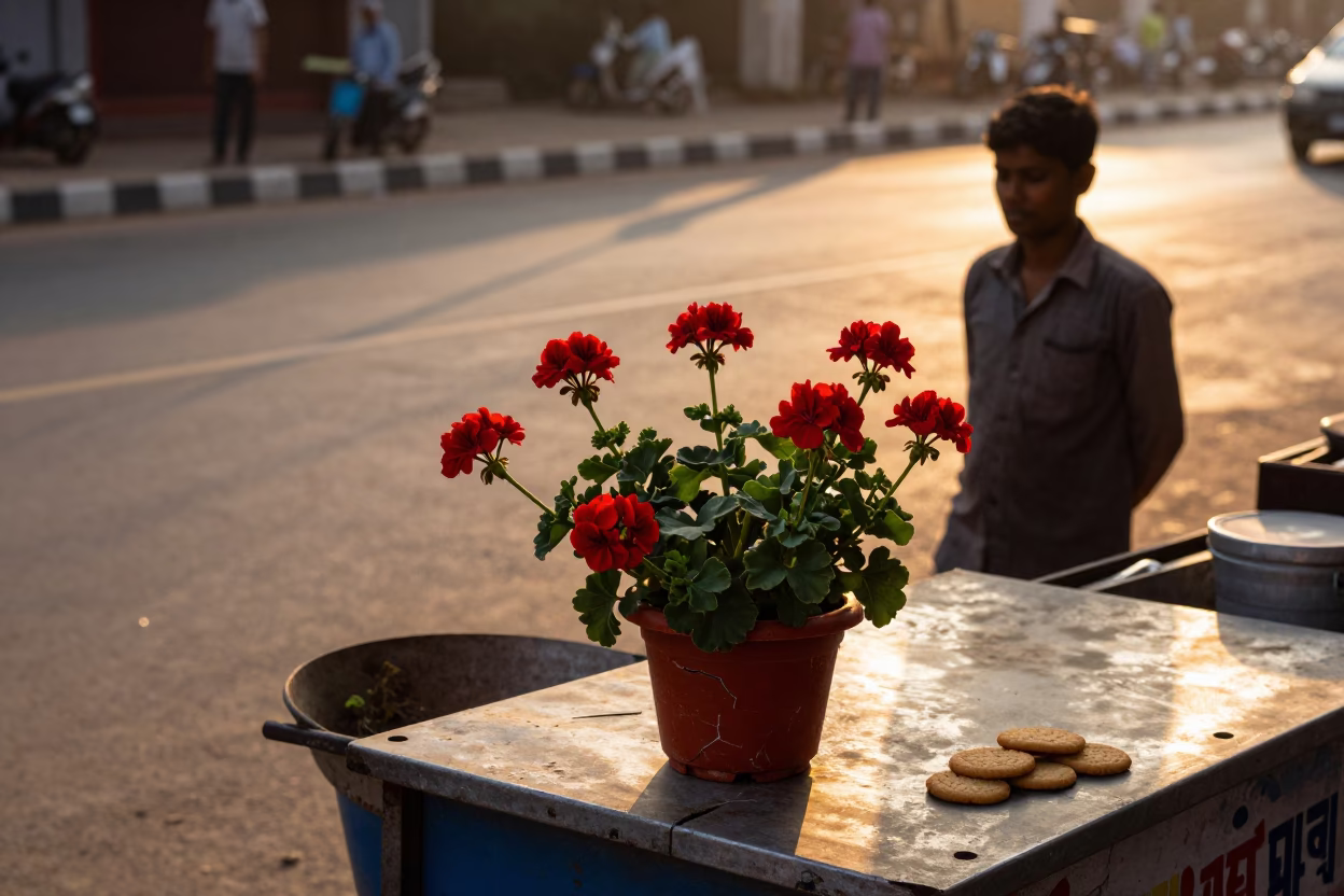 Chennai street vendor sunset scene with geraniums and cookie tin in bustling Indian city in in Chennai, India