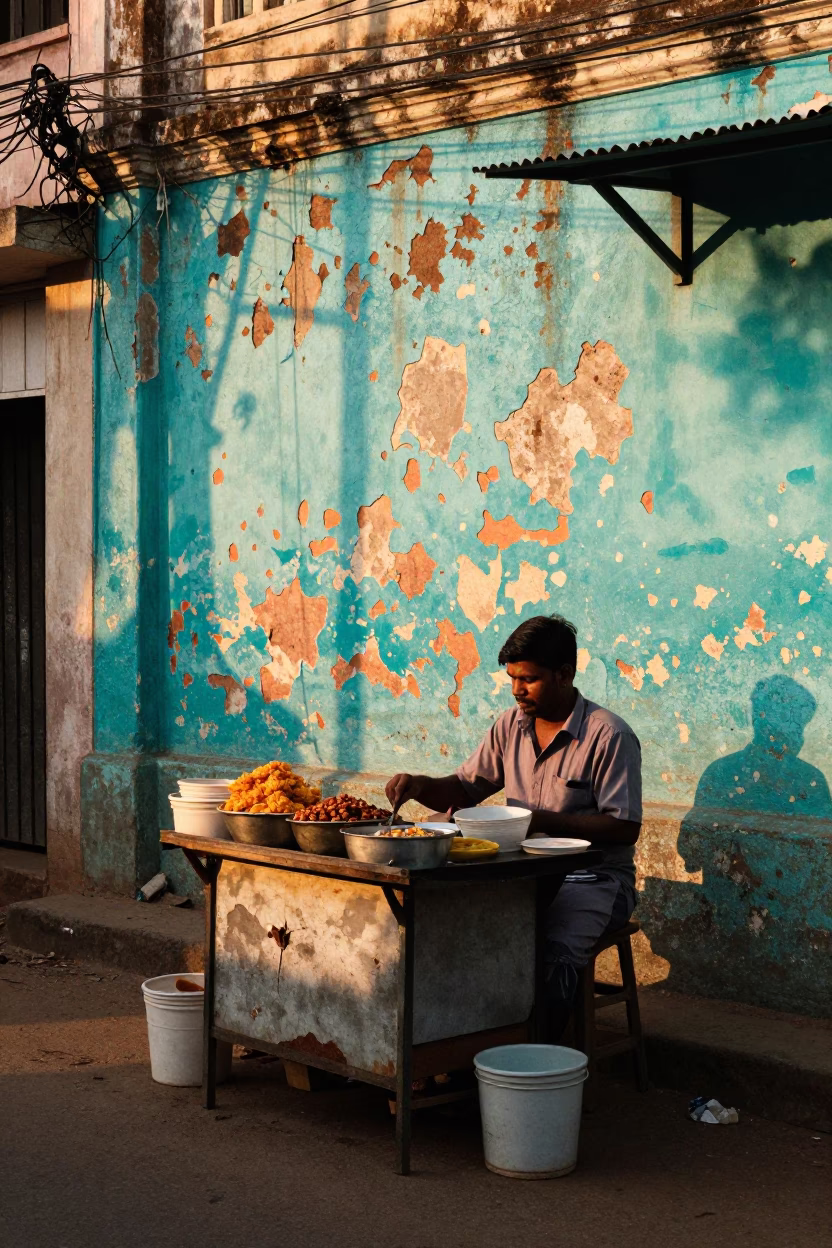 Chennai street vendor sunset with peeling turquoise paint and hose nozzle detail in in Chennai, India