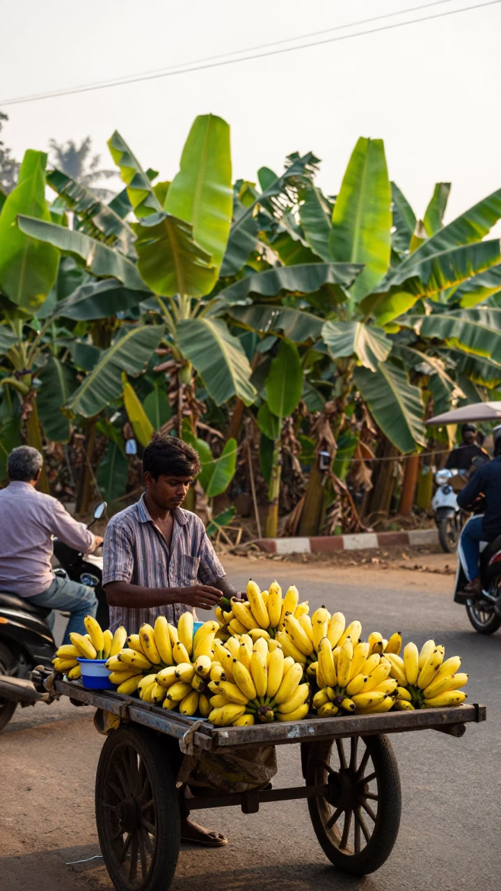 Chennai street vendor with banana plantation background just after sunrise in in Chennai, India