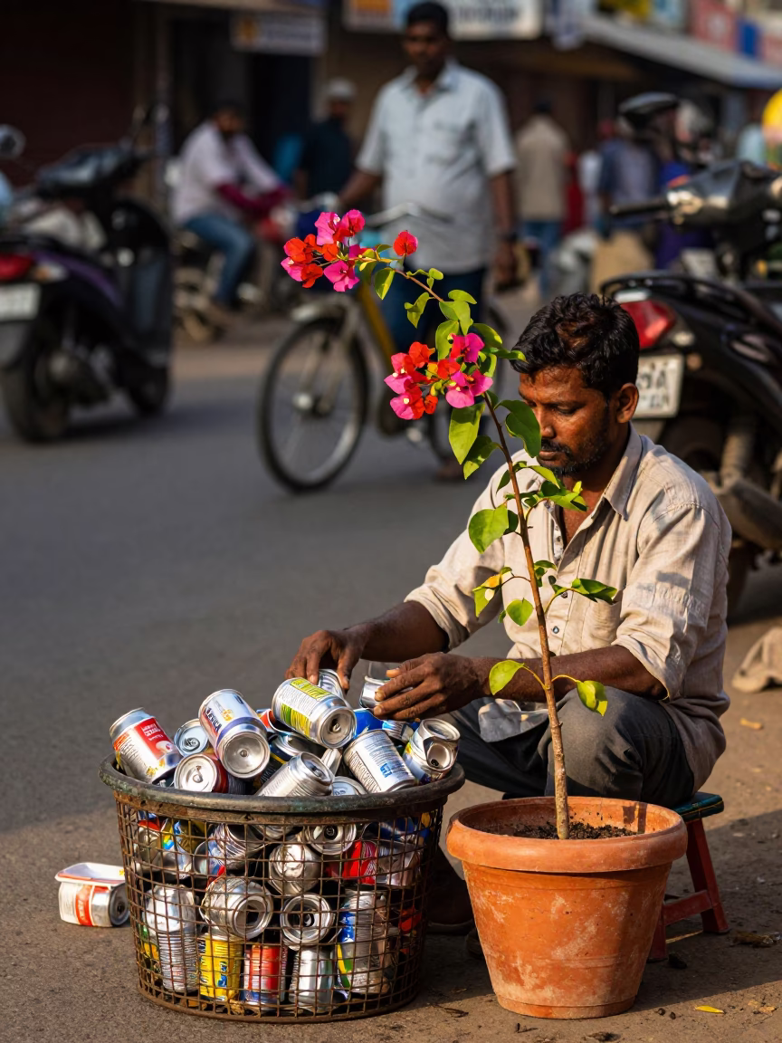 Chennai street vendor with flowerpot and scrap basket during late afternoon sunlight in in Chennai, India