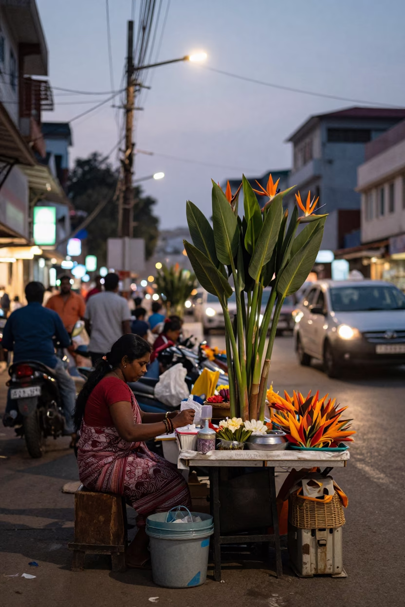 Chennai street vendors at dusk with bird of paradise flowers and colorful lanterns in in Chennai, India