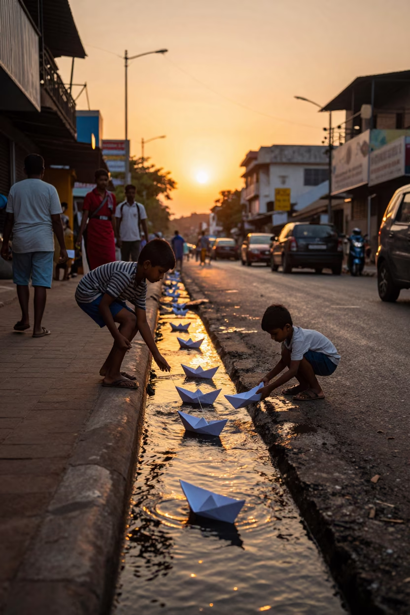 Chennai Sunset Street Scene with Children Playing Paper Boats in Gutter Water in in Chennai, India