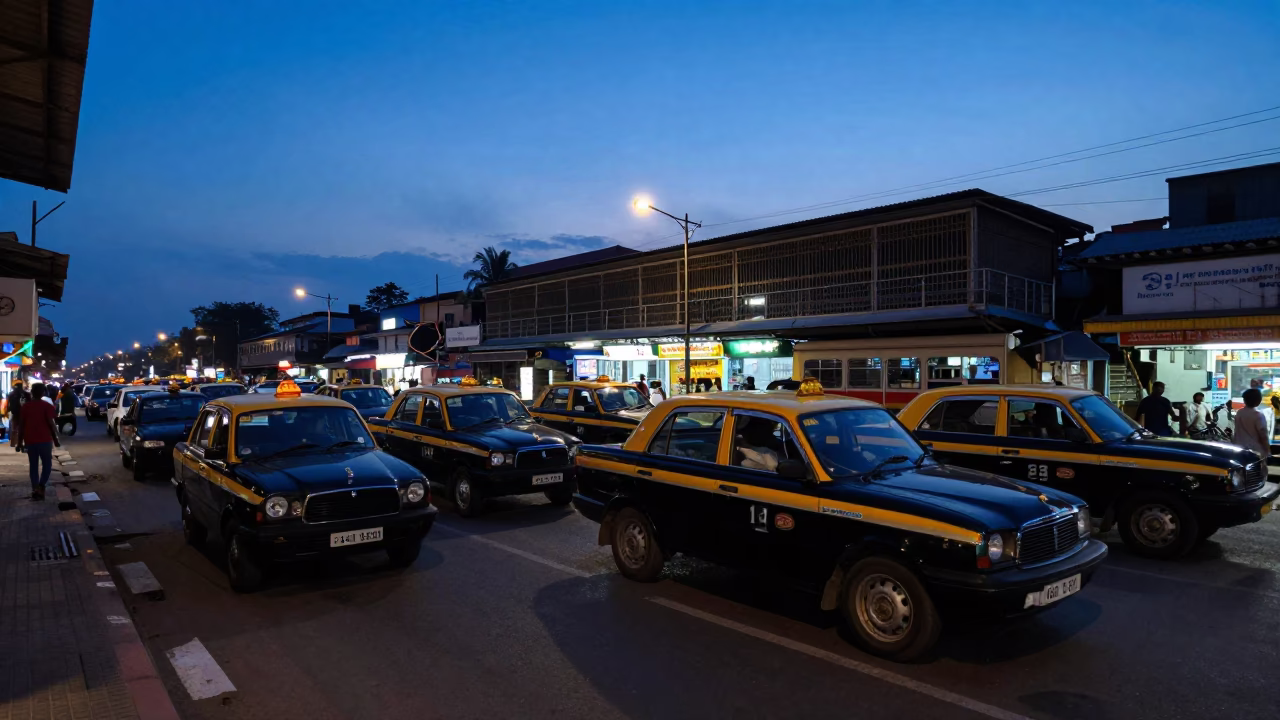 Chennai Taxi Rank Twilight Blue Hour Street Life and Vintage Auto in in Chennai, India