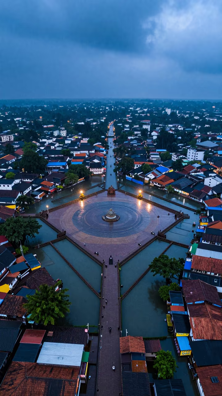 Chennai Town Aerial View Monsoon Blue Hour in high above irrigation geometry near Chennai