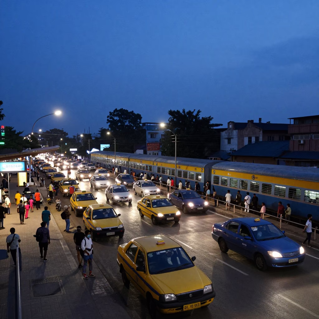 Chennai Twilight Taxi Rank Activity Outside Train Station with Local Travelers in in Chennai, India