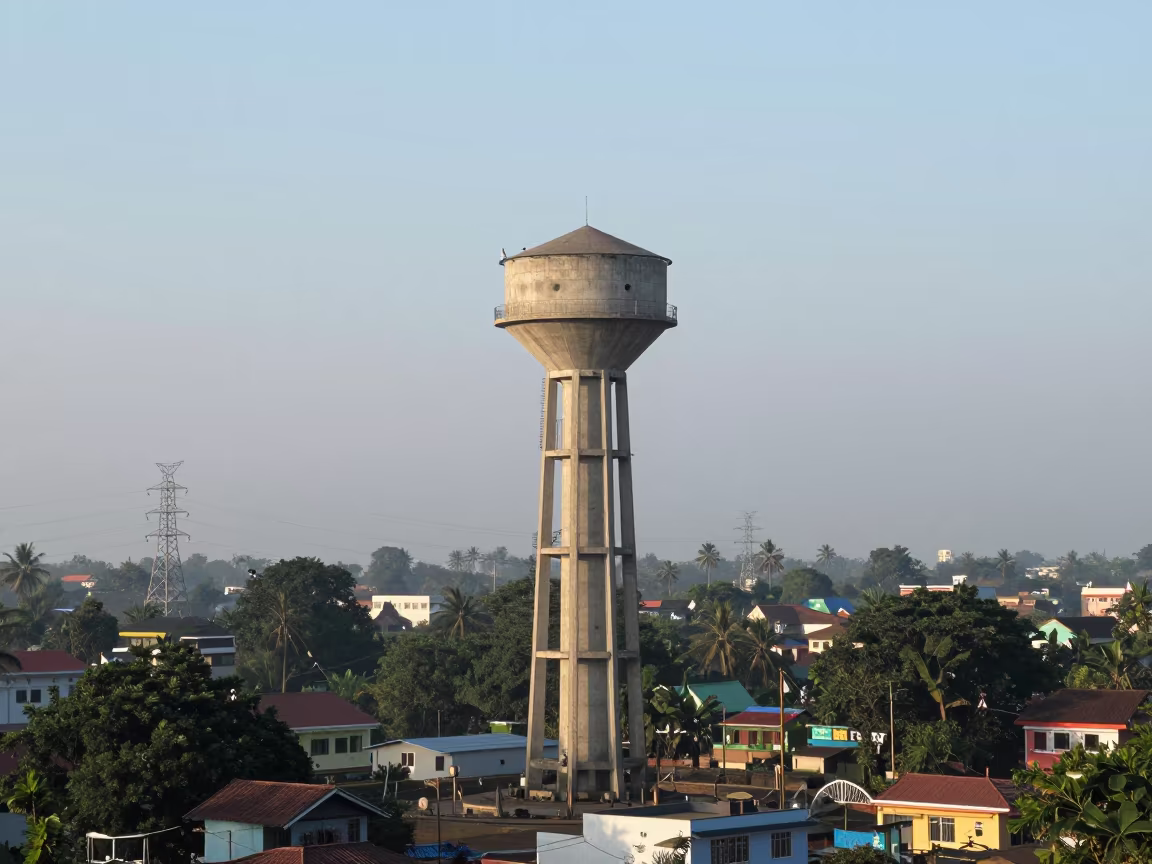 Chennai Water Tower Morning Haze Over Low Houses in beneath transmission towers near Chennai