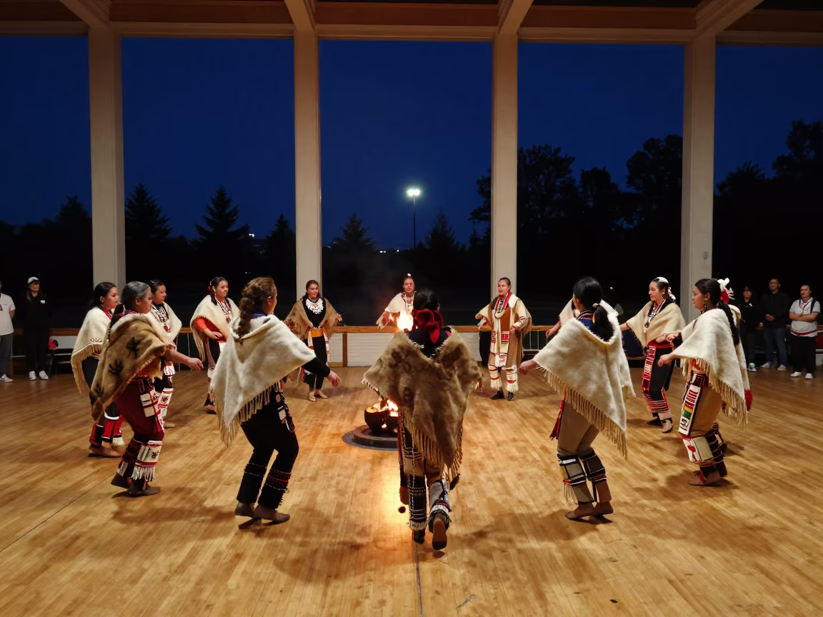 Cherokee Stomp Dance Ceremony Under Night Sky in in a ceremonial hall near Guelph