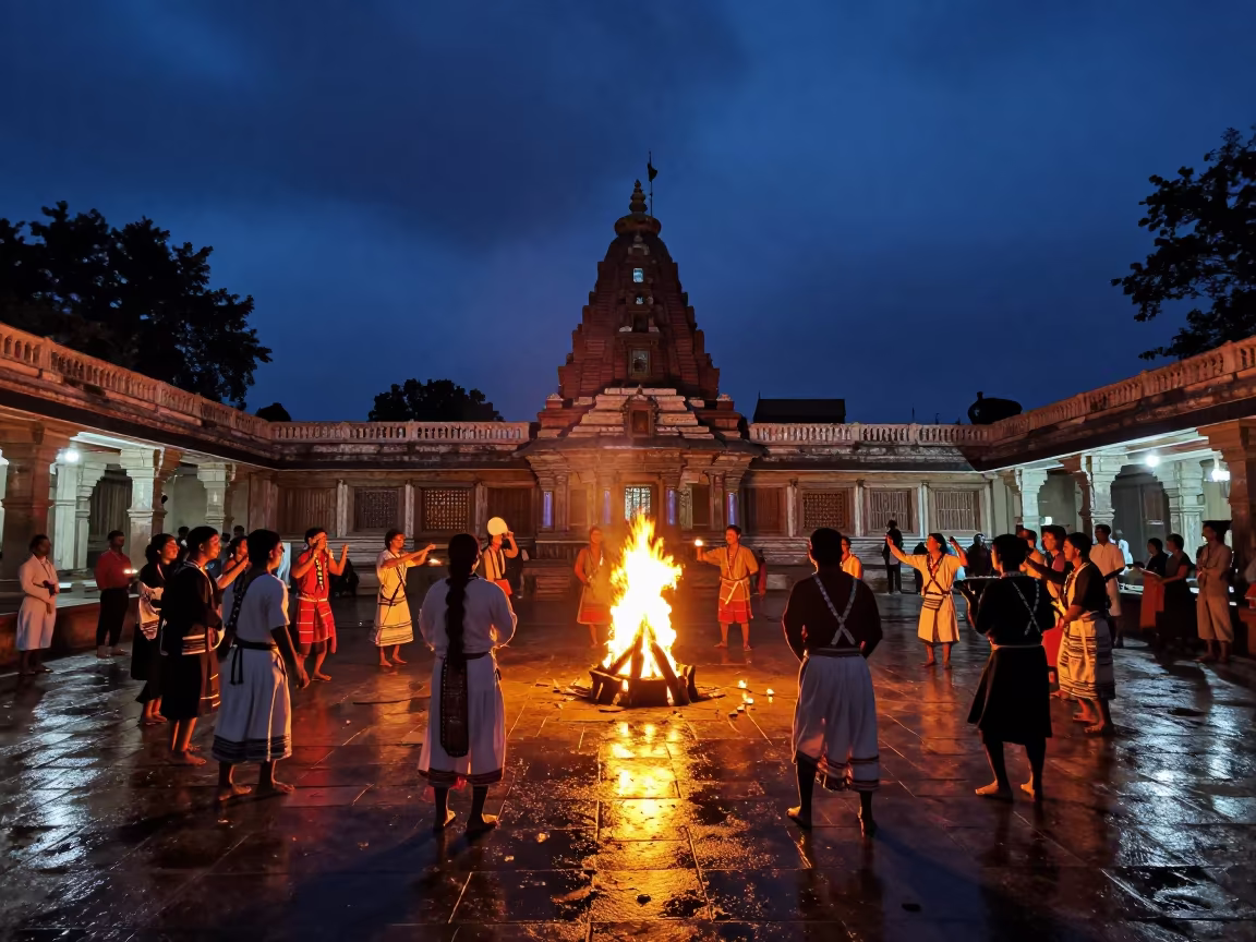 Cherokee Stomp Dance Night Monsoon Temple in in a temple courtyard near Nagpur