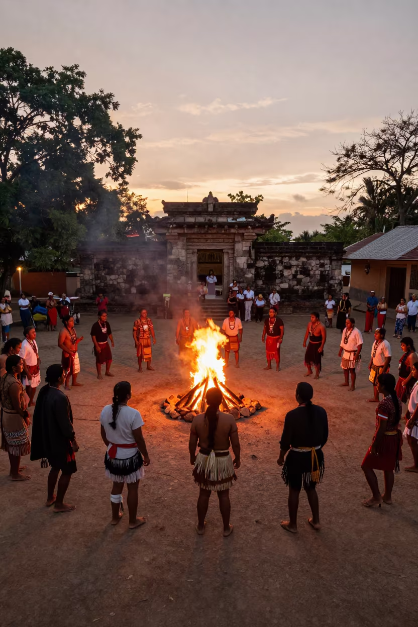 Cherokee Stomp Dance Ceremony at Sunset in in a temple courtyard near Colón