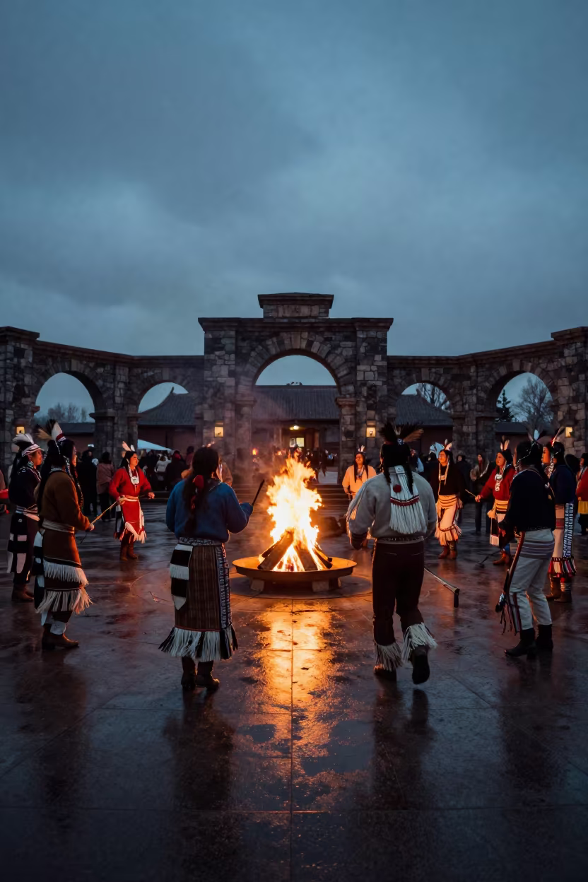 Cherokee Stomp Dance Winter Ceremony in in a temple courtyard in Jacobabad