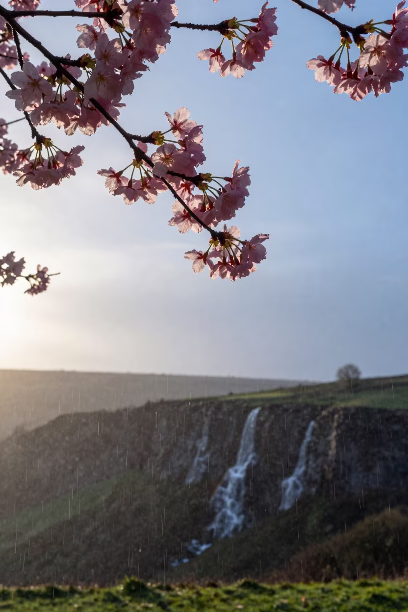 Cherry Blossom Branch Backlit by Dawn Light in along a salt-sprayed cliff edge in Yorkshire
