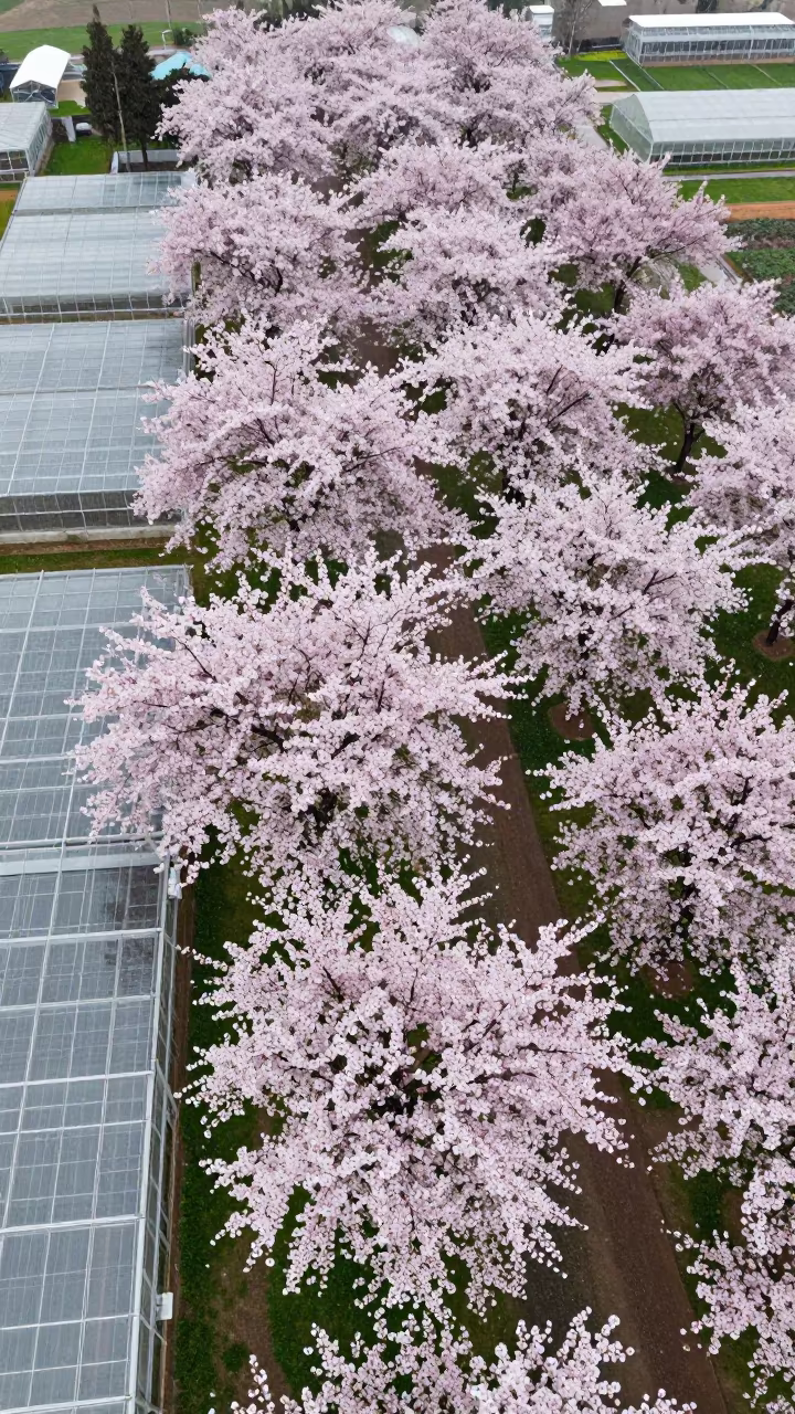 Cherry Blossom Canopy Above Greenhouse Grids Tobruk in high over greenhouse grids near Tobruk