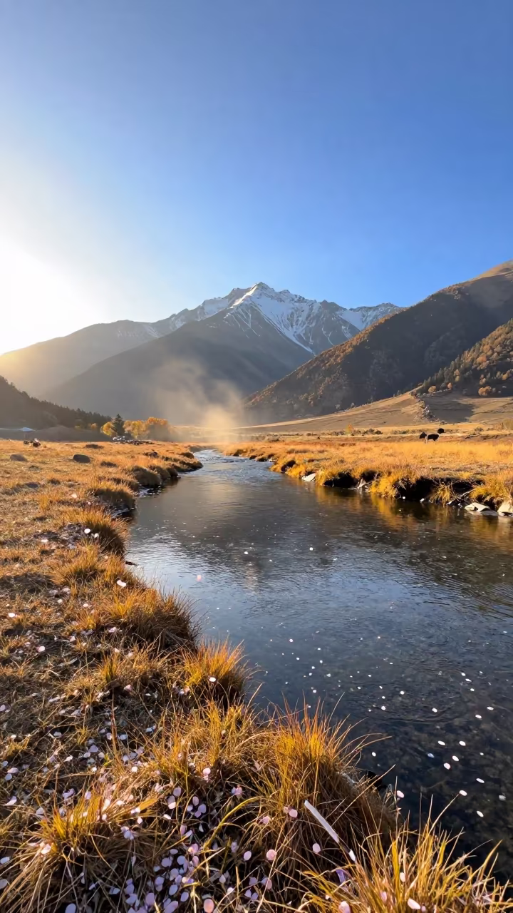 Cherry Blossom Petals Drift Over Autumn River in in a bloom-heavy meadow in the Caucasus