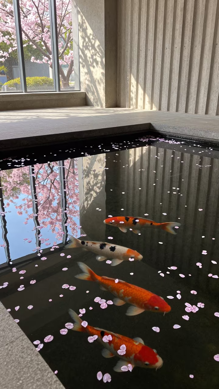 Cherry Blossom Reflections in Concrete Koi Pond in inside a ribbed concrete lobby near Carúpano