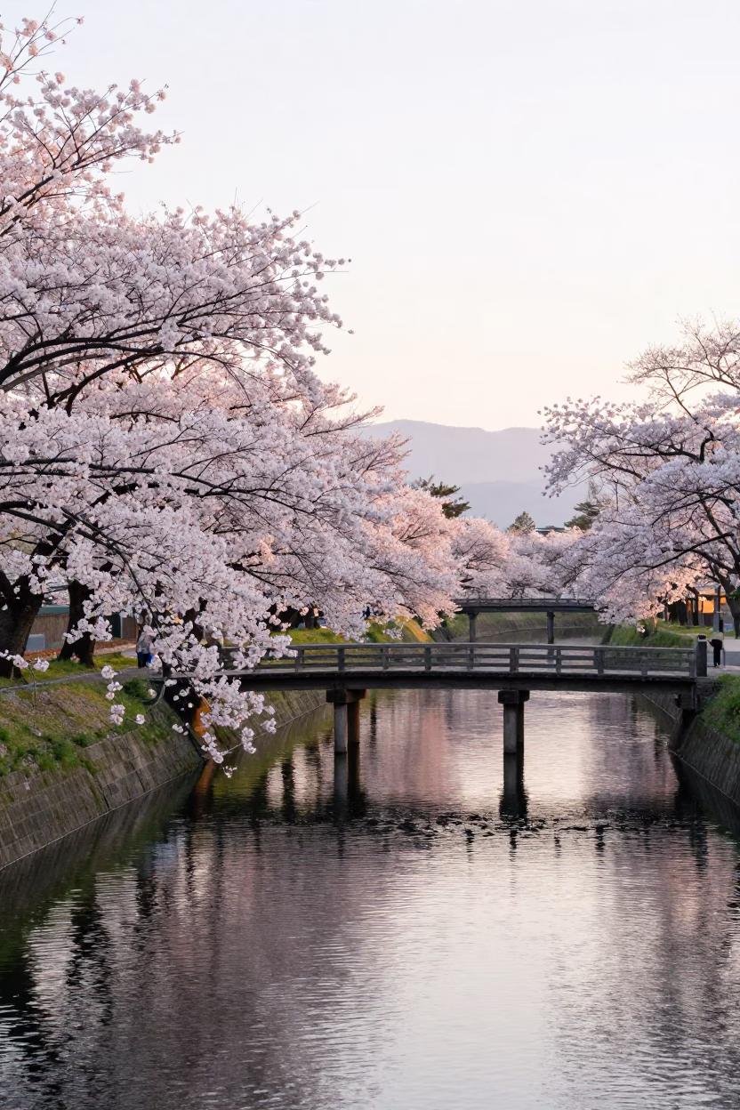 Cherry Blossoms Along Sapporo Odori Canal at Sunrise with Traditional Japanese Architecture in in Sapporo, Japan