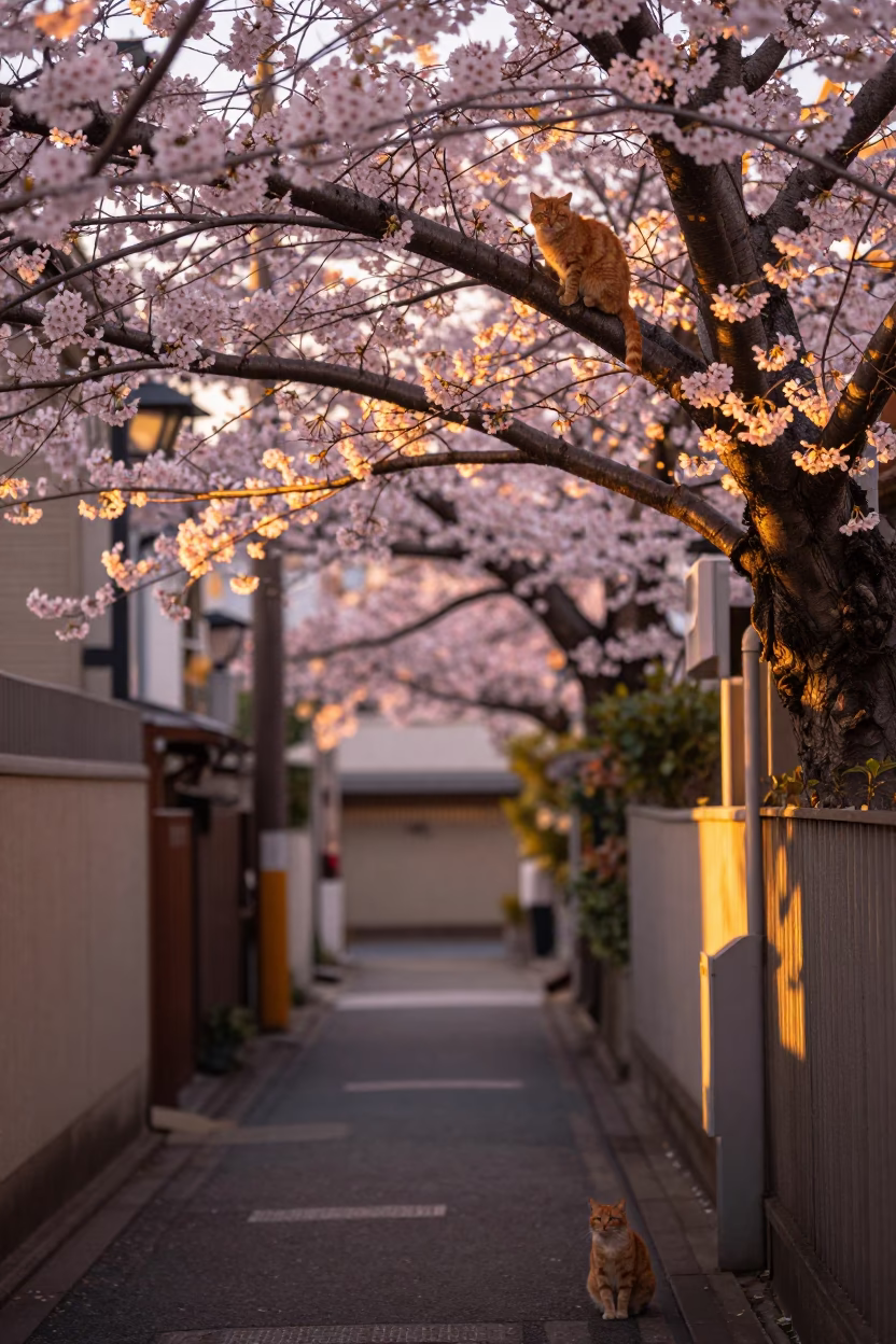 Cherry Blossoms and Ginger Cat in Honeyed Evening Light Tokyo Street Scene in in Tokyo, Japan