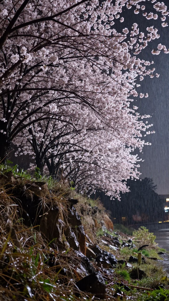 Cherry Blossoms on Dominican Cliff at Night in along a salt-sprayed cliff edge in Dominican Republic