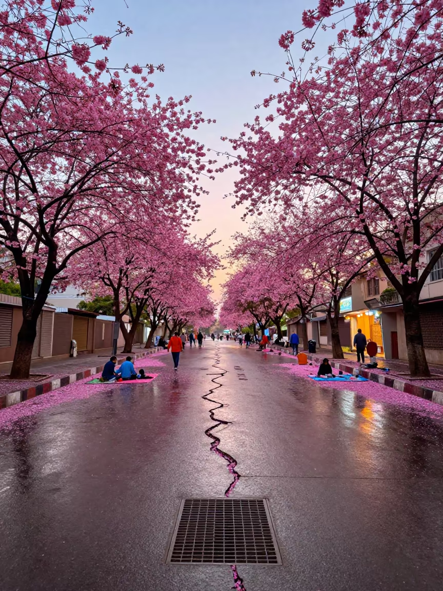 Cherry Blossoms Erupting from Faisalabad Street in at a festival street procession in Faisalabad