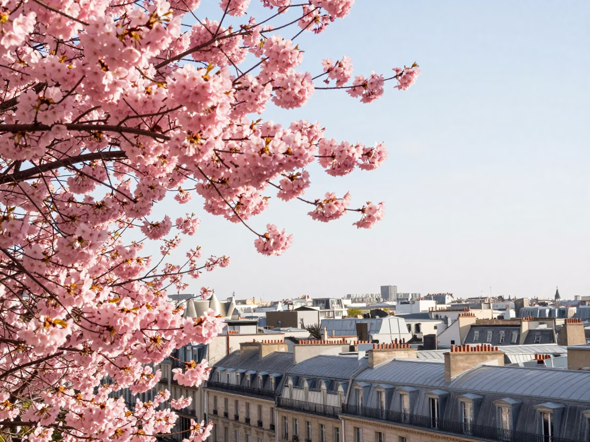 Cherry Blossoms in Full Bloom Overlooking Historic Parisian Rooftops in Early Afternoon Light in in Paris, France
