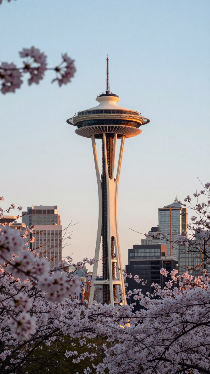 Cherry Blossoms just after sunrise in Seattle in in Seattle, Washington, United States