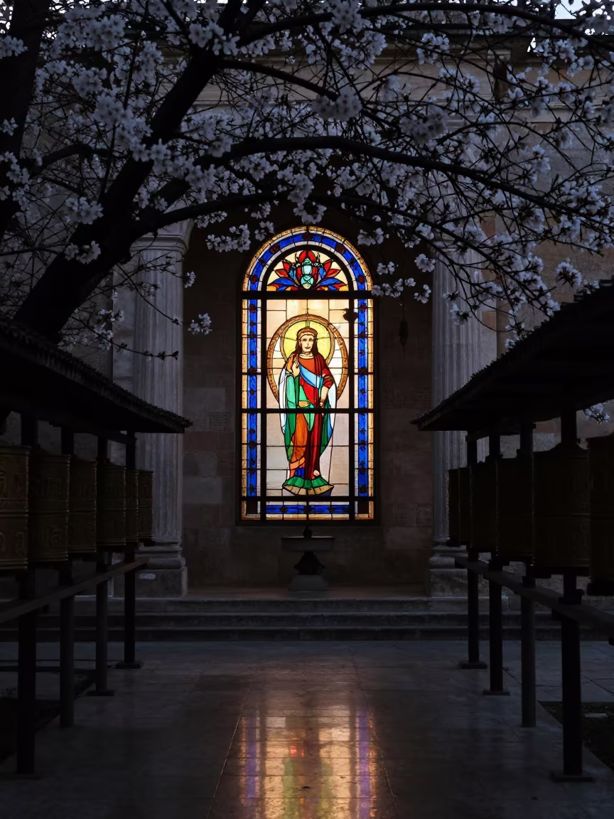 Cherry Blossoms in Moonlit Temple Garden Matera in beside a prayer wheel corridor in Matera
