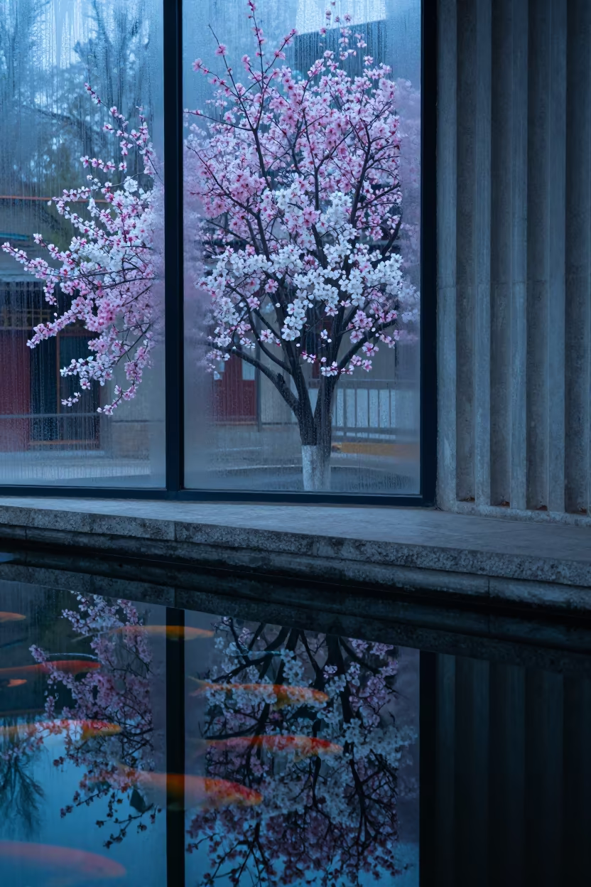 Cherry Blossoms Reflection in Lhasa Koi Pond in inside a ribbed concrete lobby in Lhasa