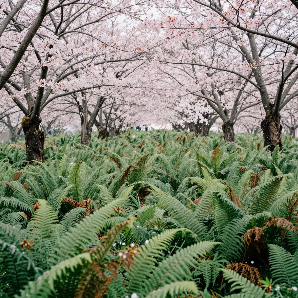 Cherry Blossoms and Snow on Lebanon Forest Floor in on a fern-lined forest floor in Lebanon