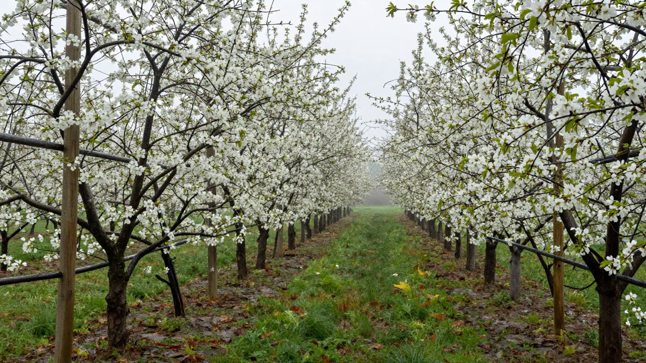 Cherry Blossoms and Vine Trellises in Autumn Rain in between vineyard trellises near Hangzhou