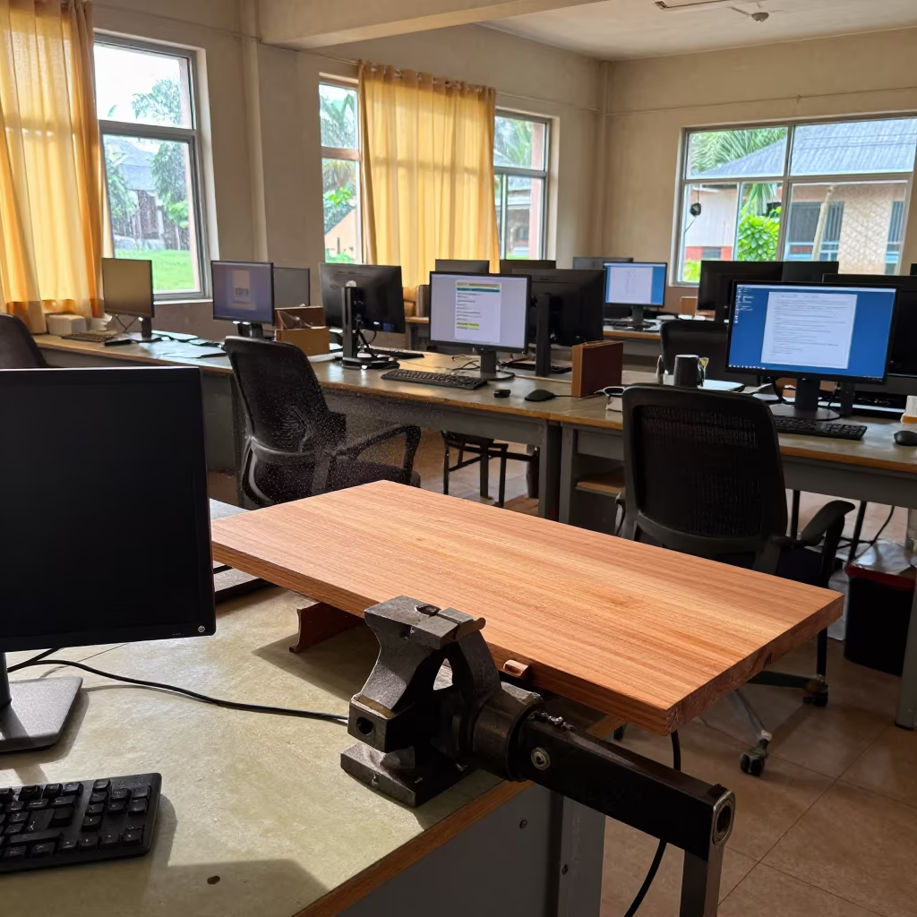 Cherry Board in Vise at Mbuji-Mayi Computer Lab in in a computer lab before lessons in Mbuji-Mayi