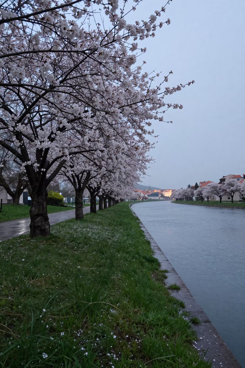 Cherry Trees Along Canal at Twilight Dubrovnik in in a bloom-heavy meadow near Dubrovnik