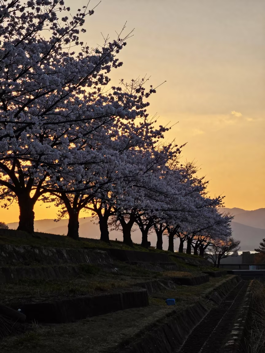 Cherry Trees Silhouetted Against Golden Hokkaido Sunset in among terraced garden plots in Hokkaido
