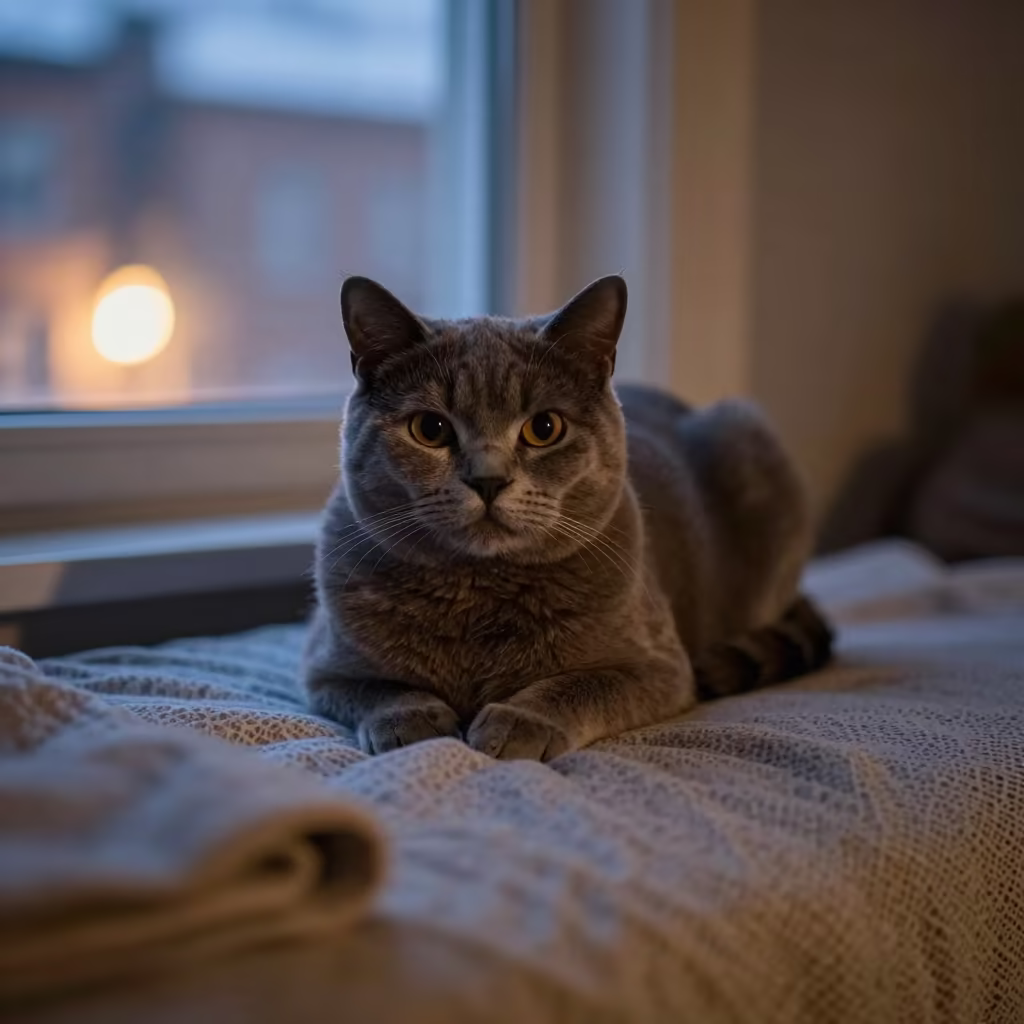 Cherubim Cat Lounging Near Window in on a bedspread near a bright window with calm indoor light near Hamilton