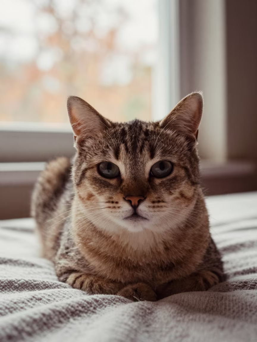 Cherubim Cat Lounging on Bedspread Near Window in on a bedspread near a bright window with calm indoor light near Arish